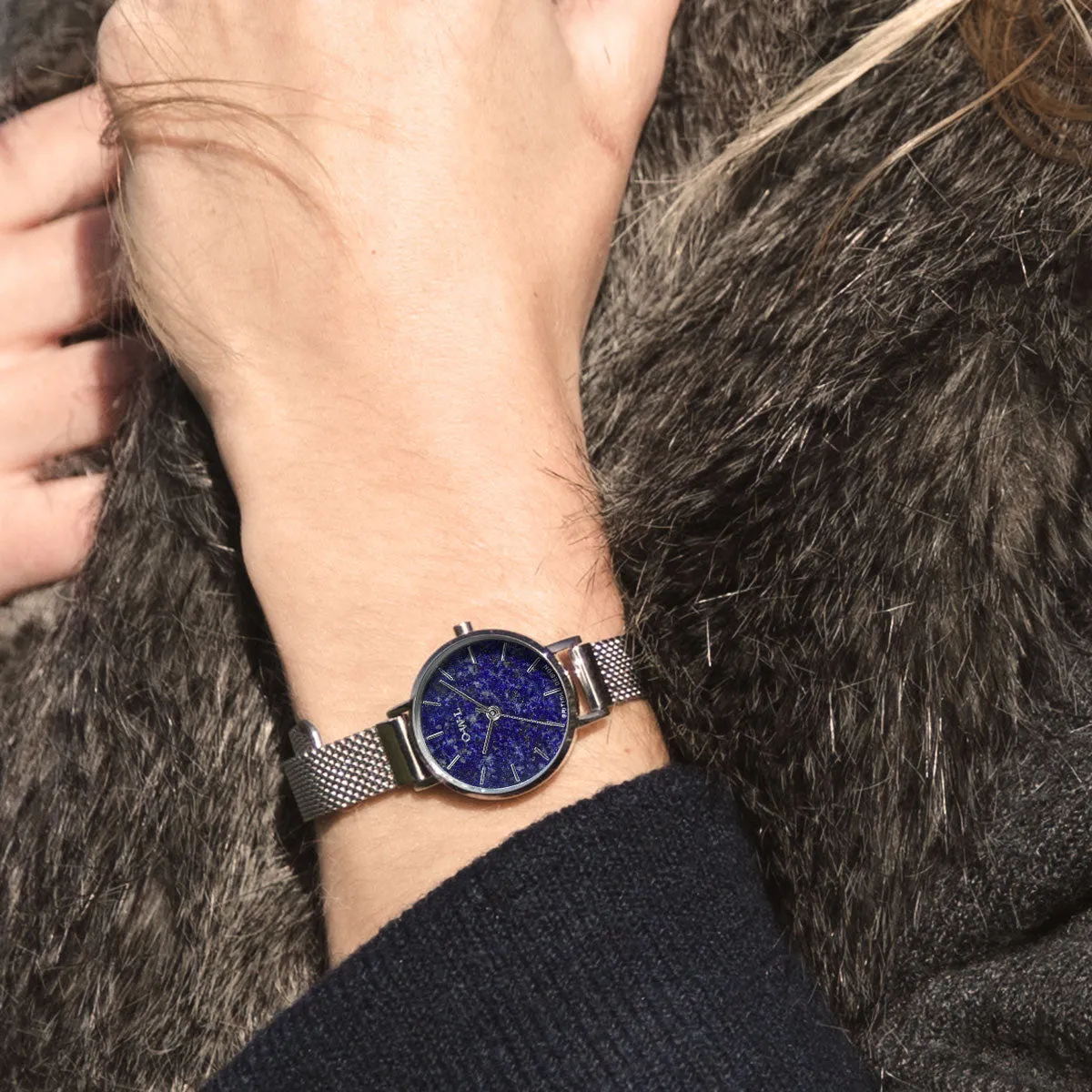 Amesbury Silver mesh watch with a genuine Lapis Lazuli Dial