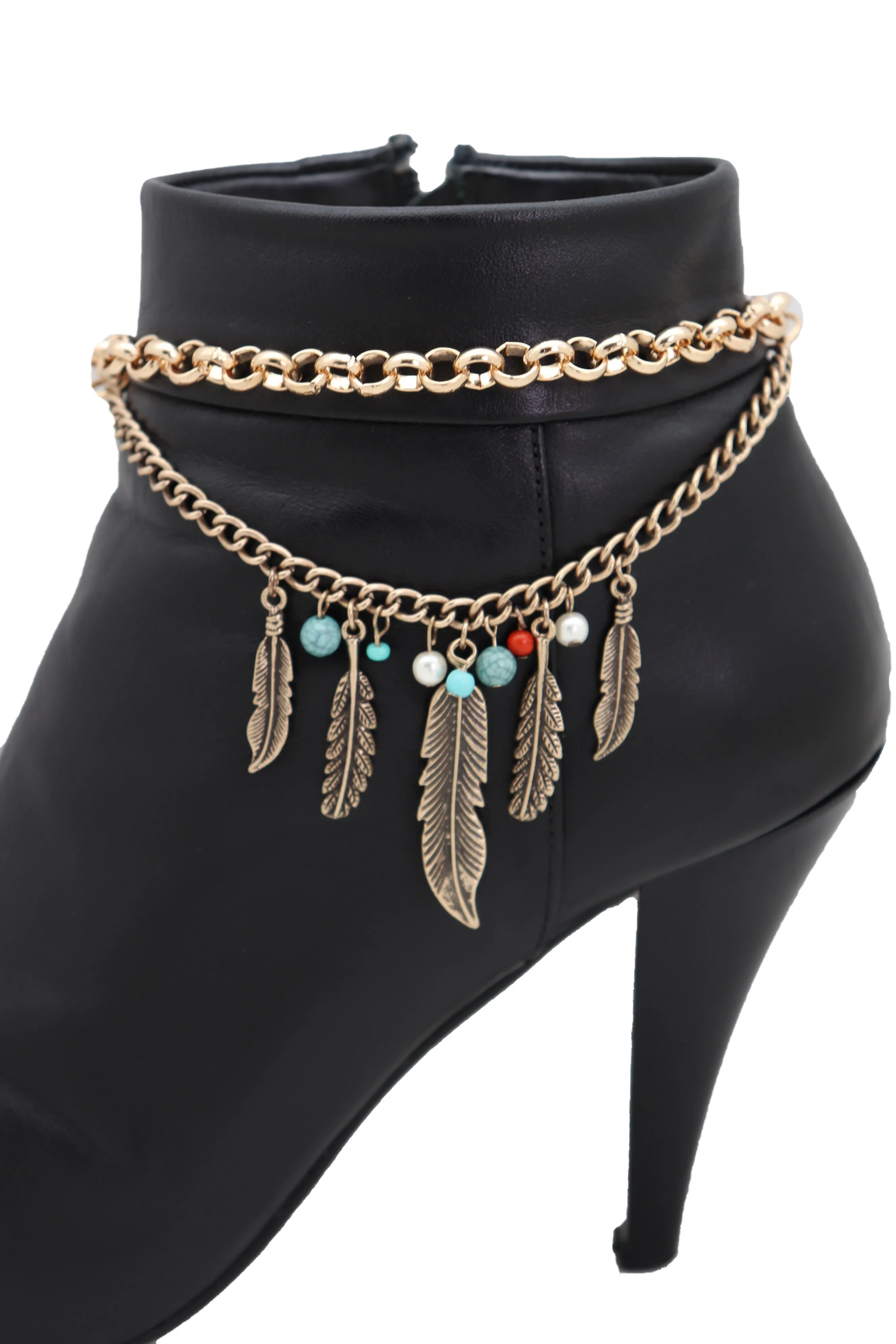 Antique Gold Boot Chain Bracelet Western Shoe Charm Ethnic Jewelry Feather