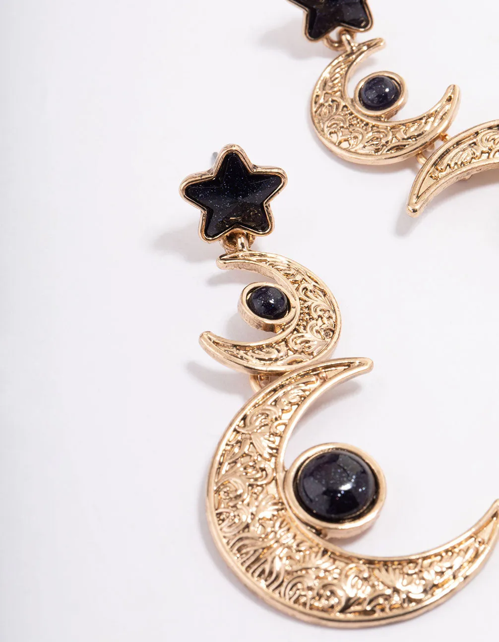 Antique Gold Star Double Moon Drop Earrings