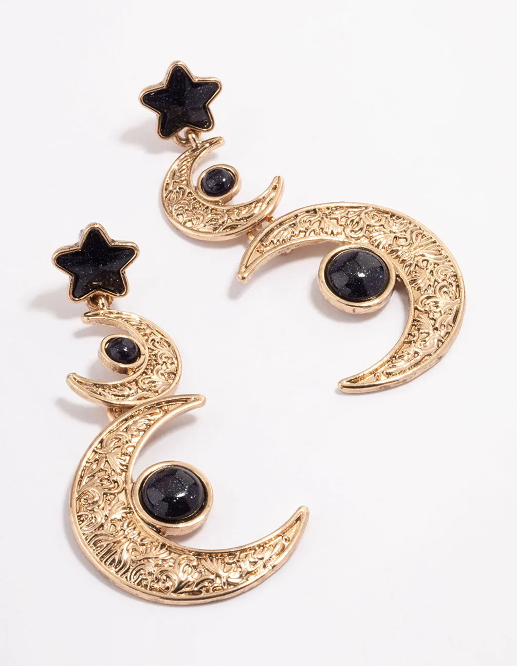 Antique Gold Star Double Moon Drop Earrings