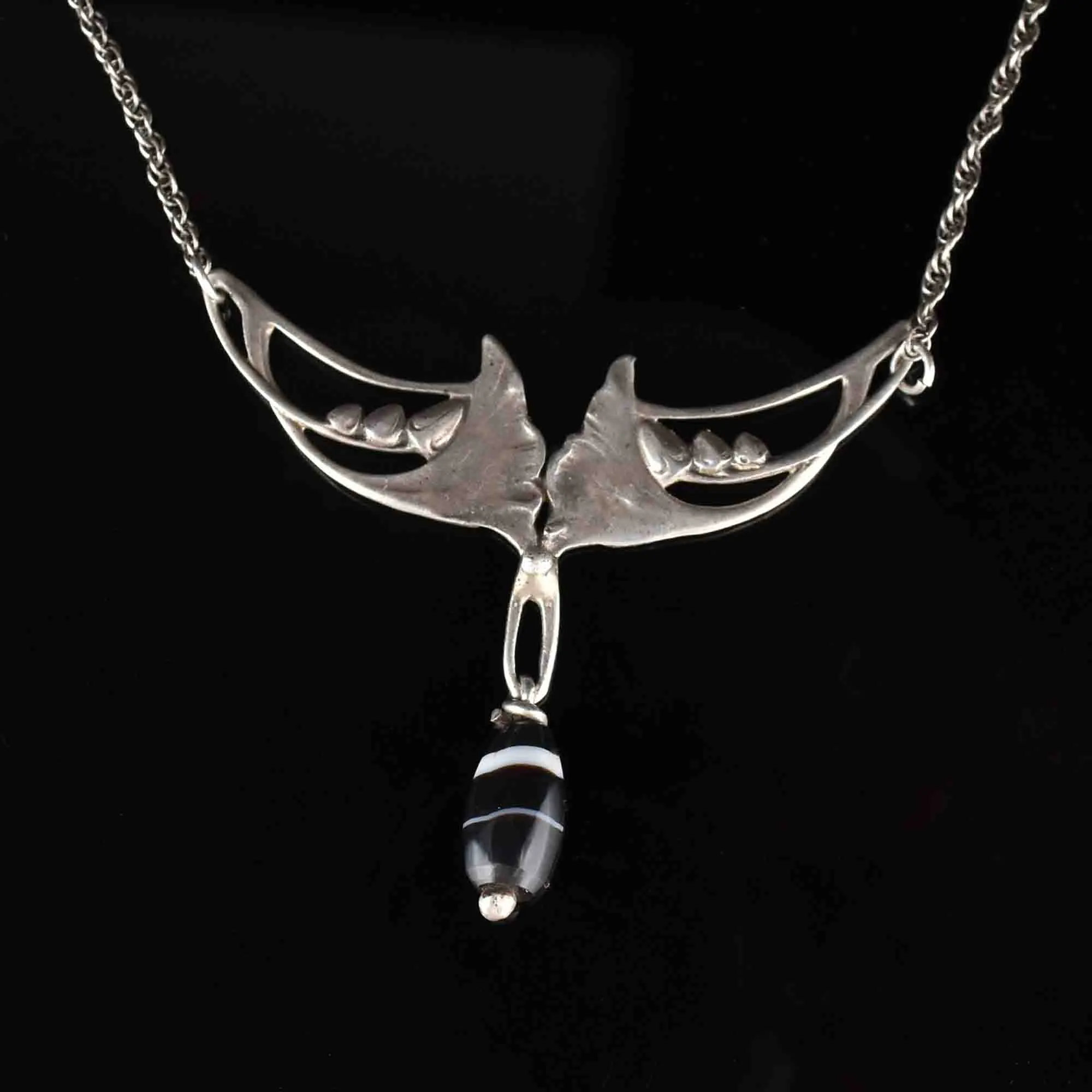 Art Nouveau Style Silver Banded Agate Necklace