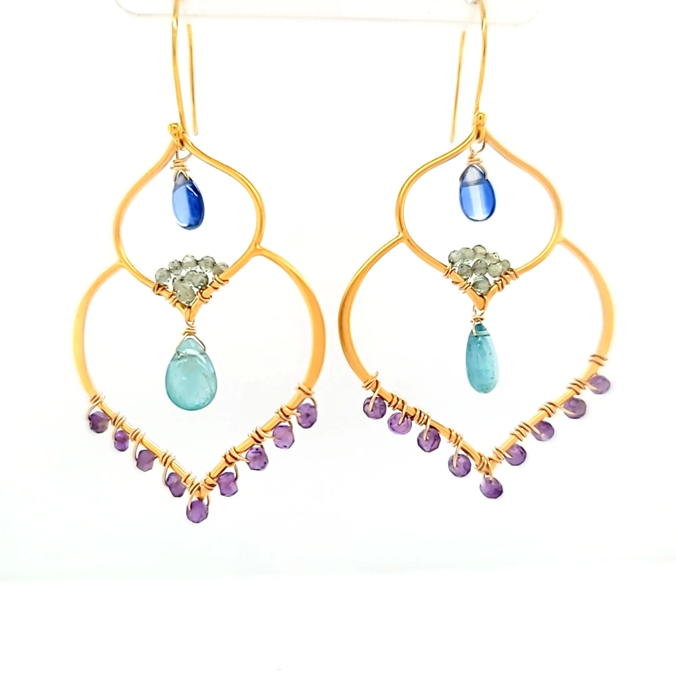 AVF Gold Moroccan Inspired Amethyst, Apatite, Kyanite & Grandidierite Large Dangle Earrings (SI3765)