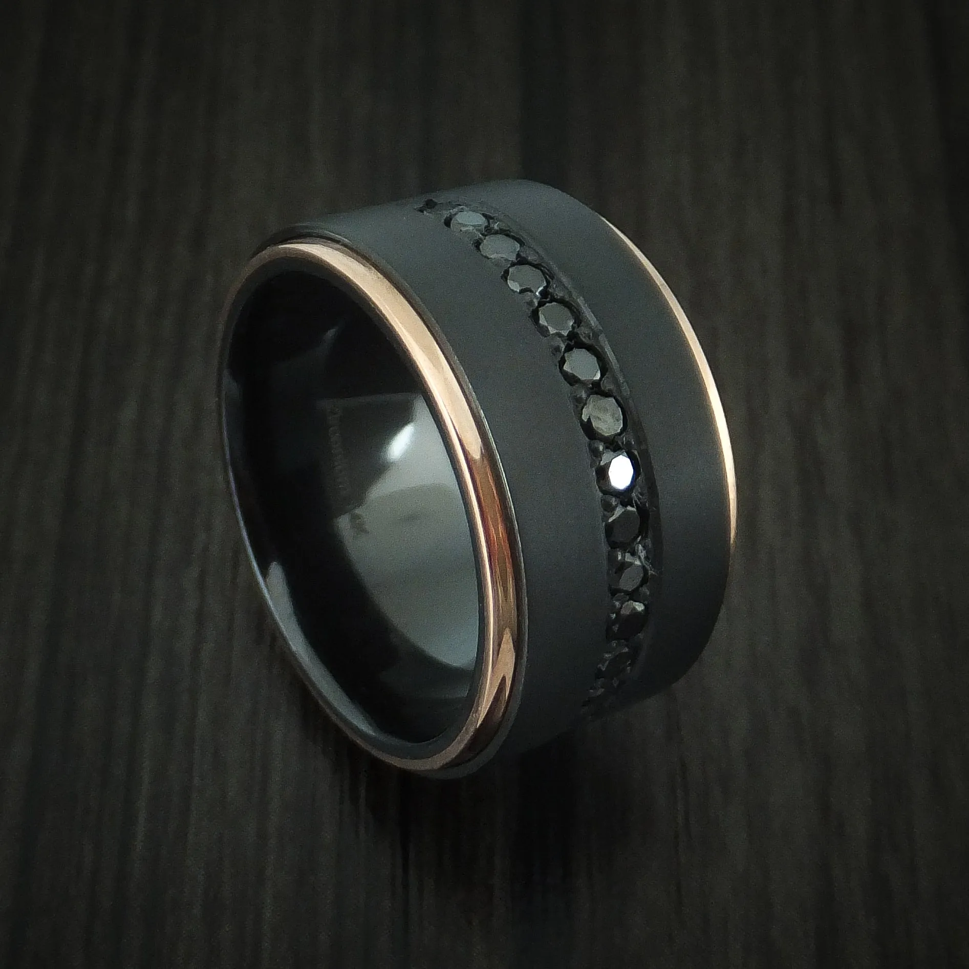 Black Titanium and 14K Rose Gold Band with Black Diamonds Custom Made Men's Ring