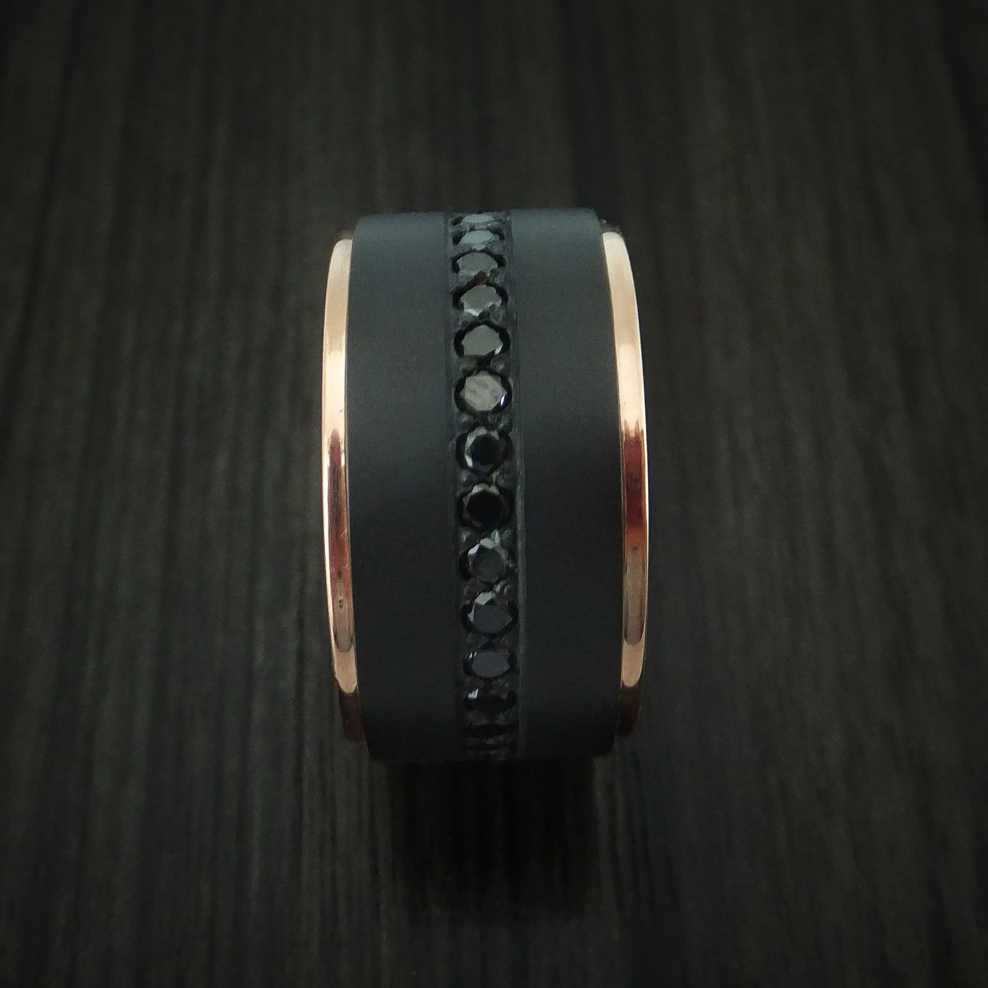 Black Titanium and 14K Rose Gold Band with Black Diamonds Custom Made Men's Ring