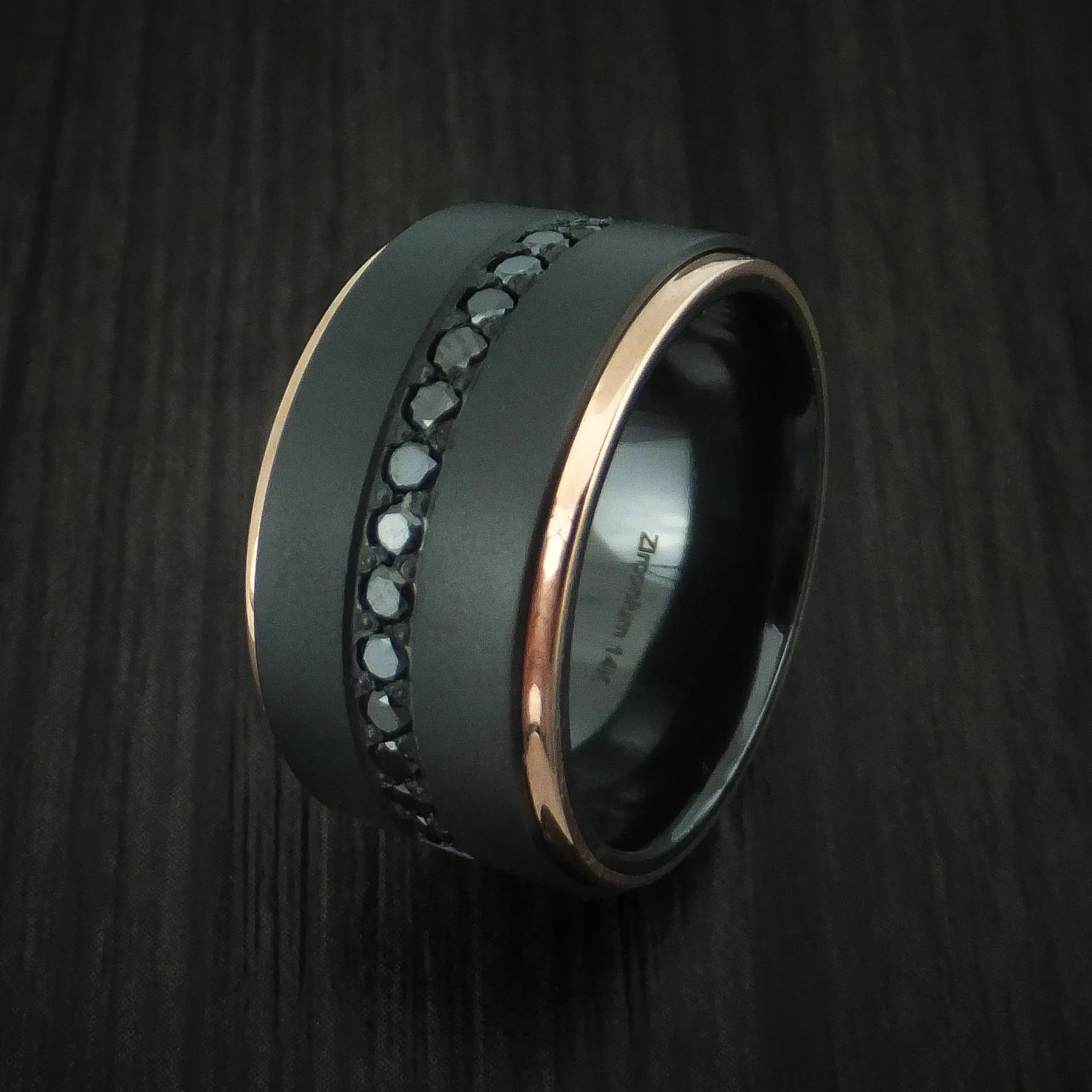 Black Titanium and 14K Rose Gold Band with Black Diamonds Custom Made Men's Ring