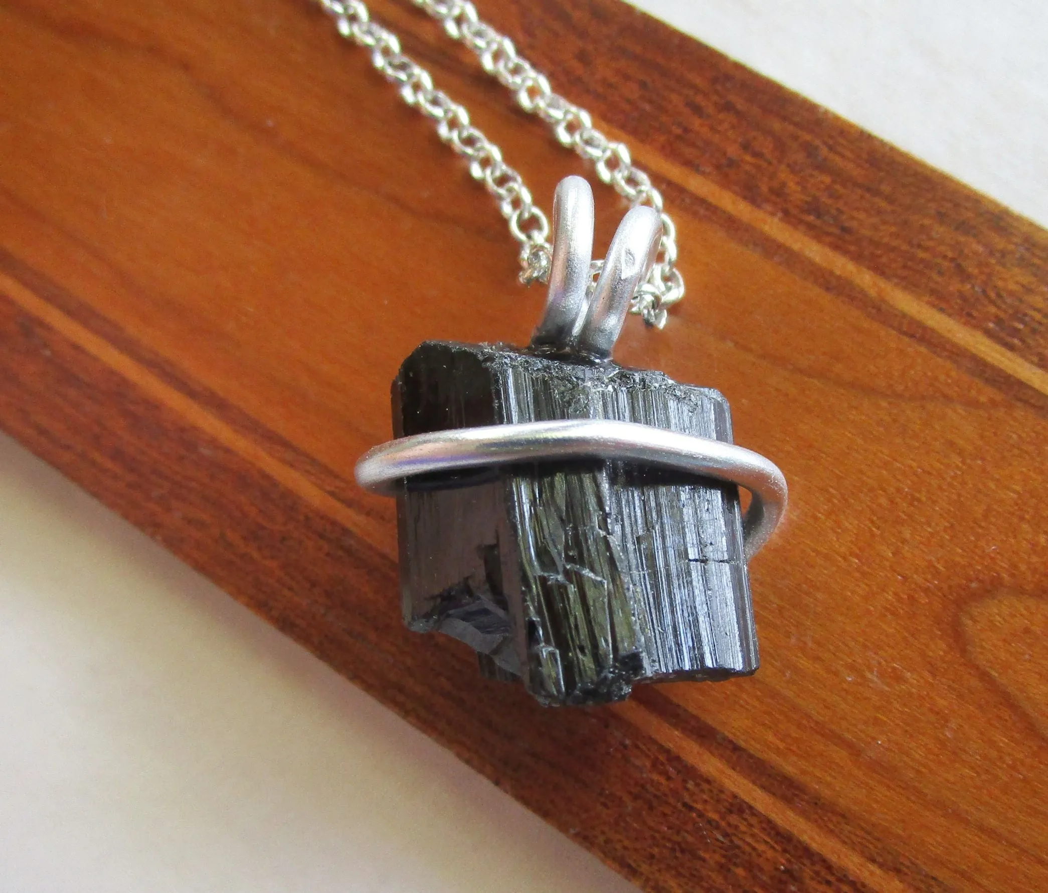 Black Tourmaline Raw Gemstone Crystal Pendant Necklace