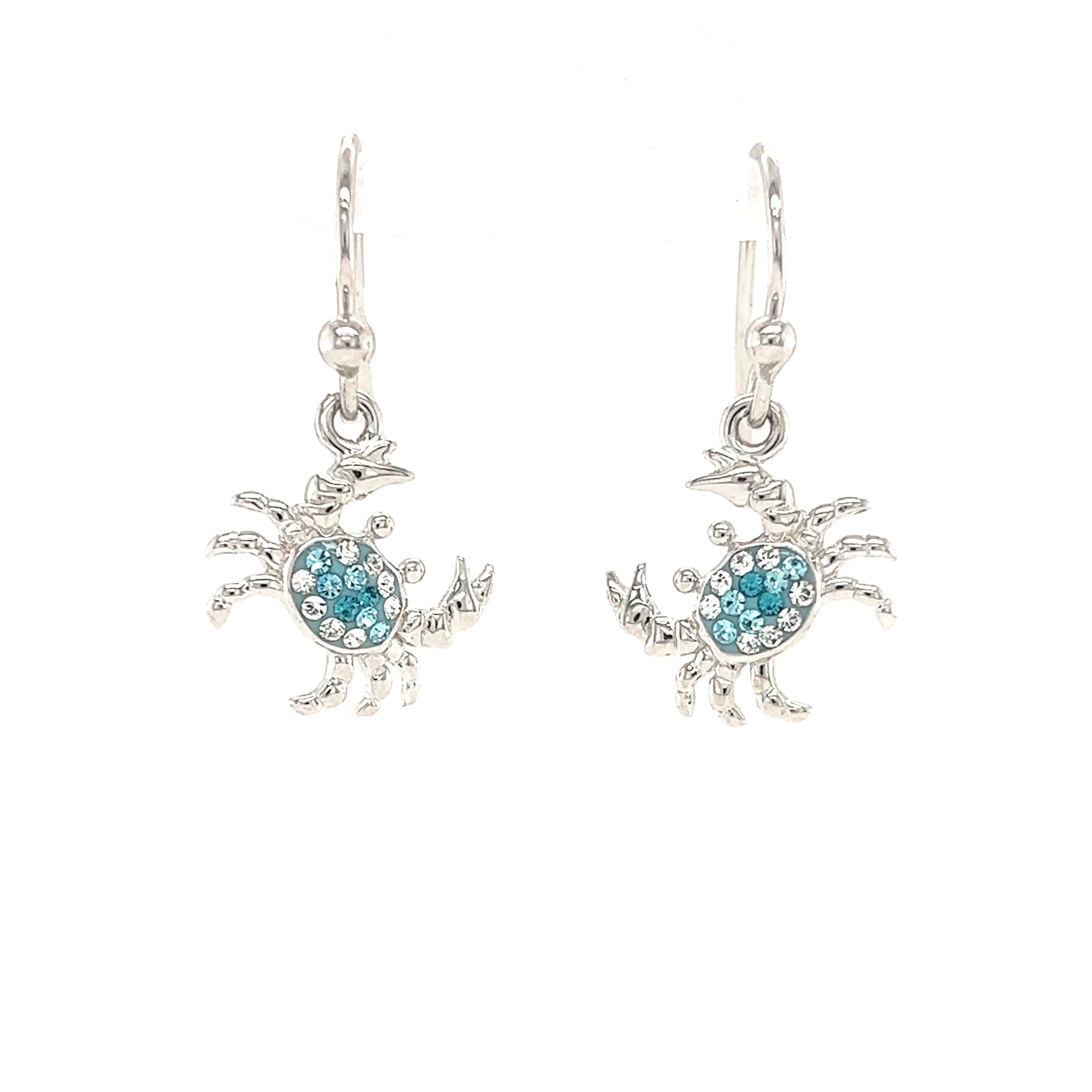 Blue Crab Dangle Earrings with Aqua and White Crystals in Sterling Silver