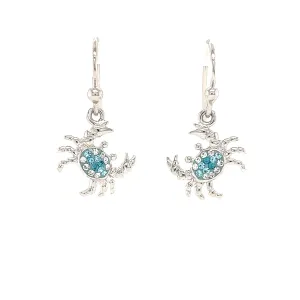 Blue Crab Dangle Earrings with Aqua and White Crystals in Sterling Silver