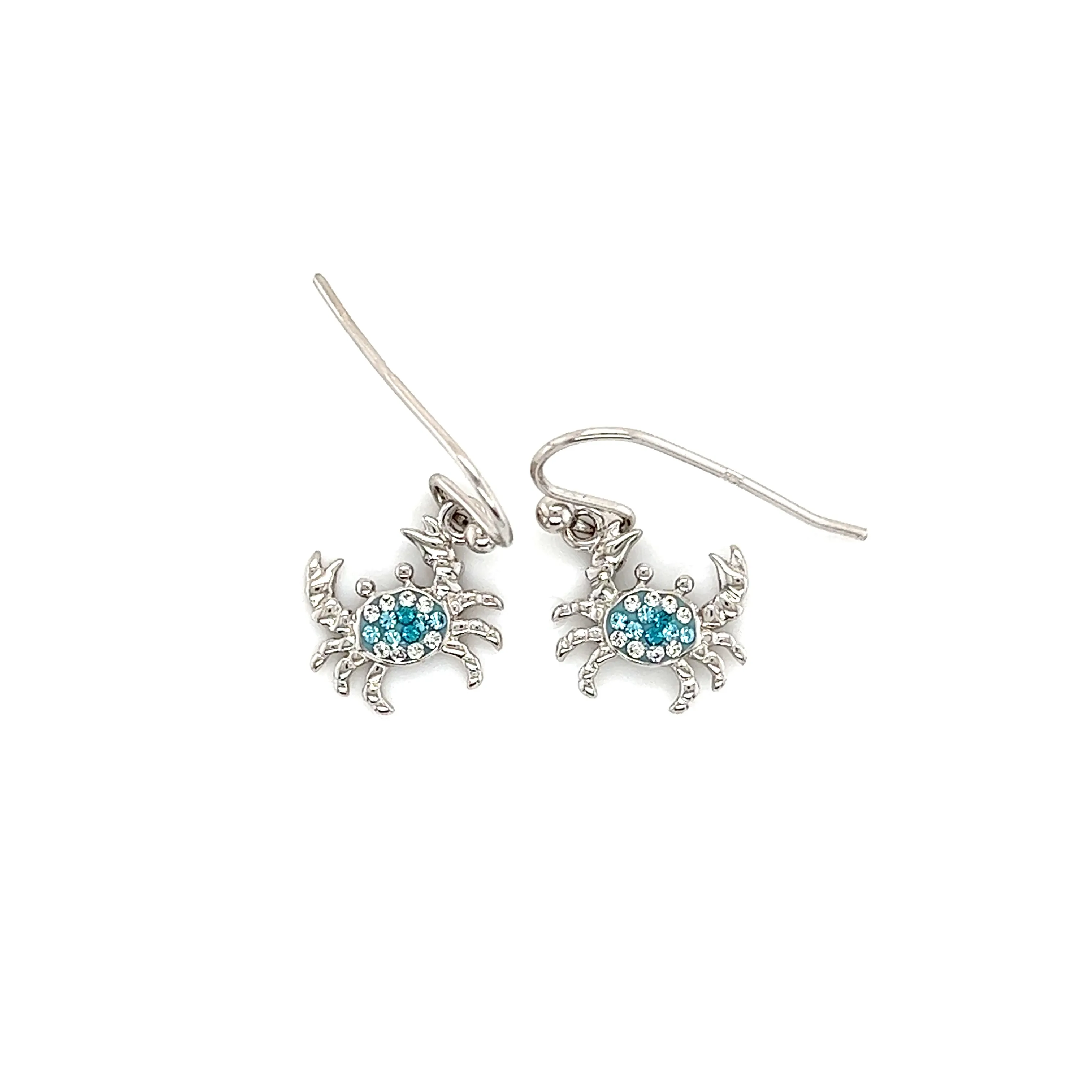 Blue Crab Dangle Earrings with Aqua and White Crystals in Sterling Silver