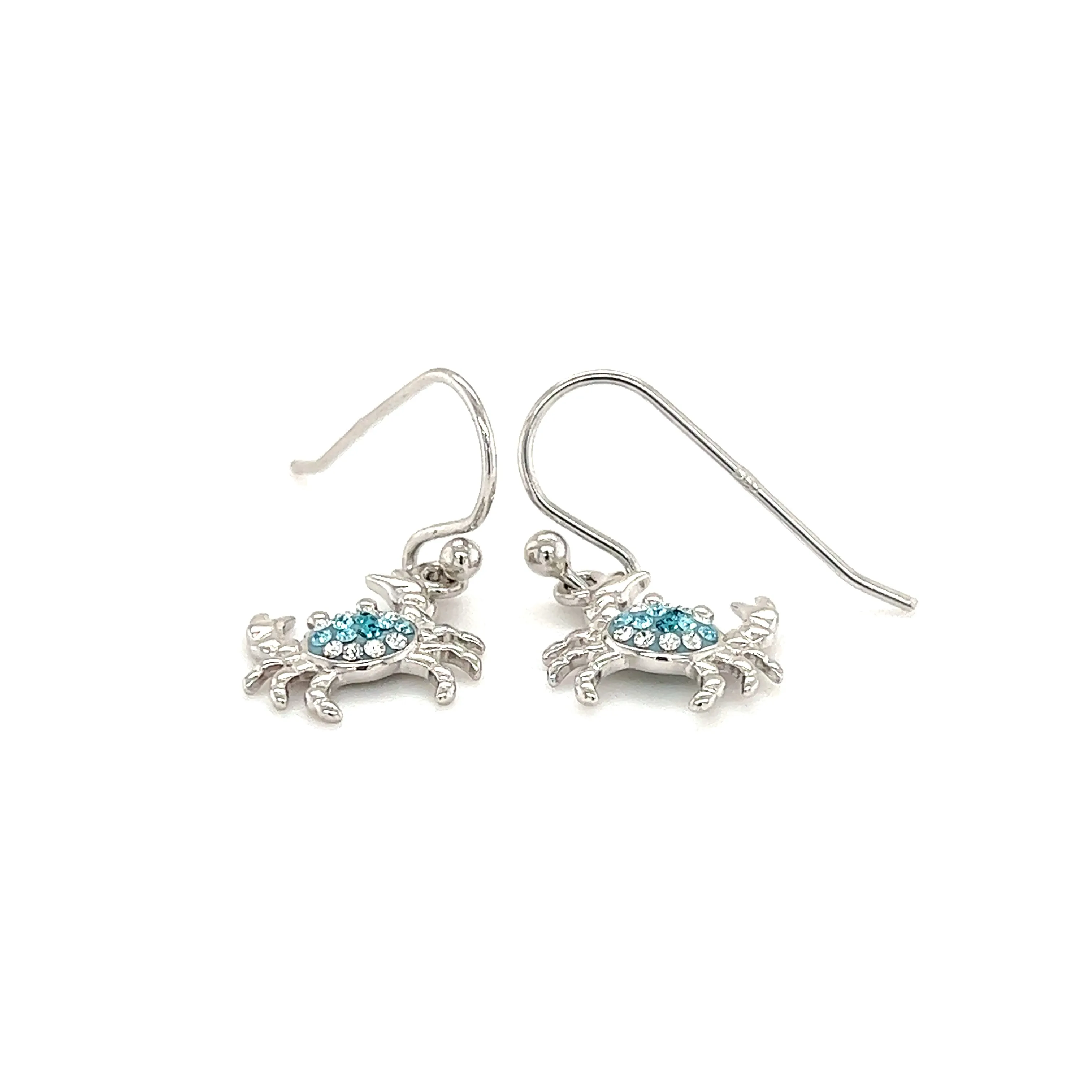 Blue Crab Dangle Earrings with Aqua and White Crystals in Sterling Silver