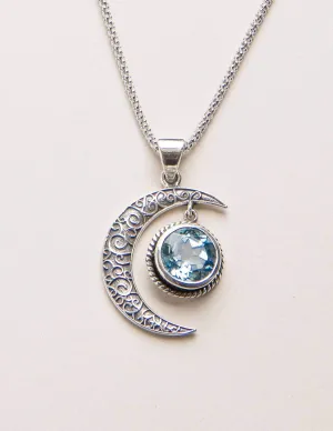 Blue Topaz Silver Moon Pendant