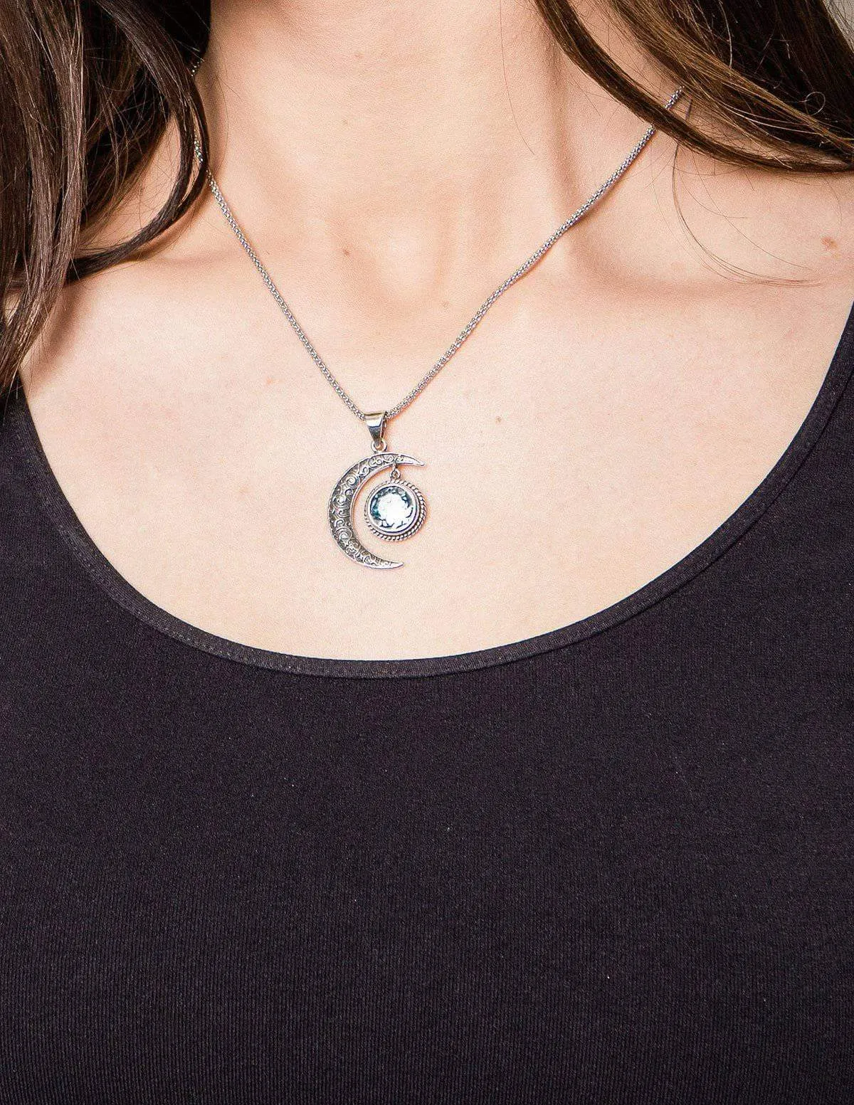 Blue Topaz Silver Moon Pendant