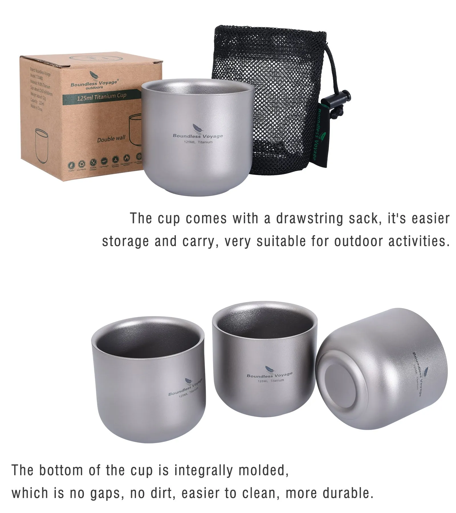 Boundless Voyage Titanium 125ml Double-Layer Cup Outdoor Camping Anti-scalding Mug Drinkware Tableware