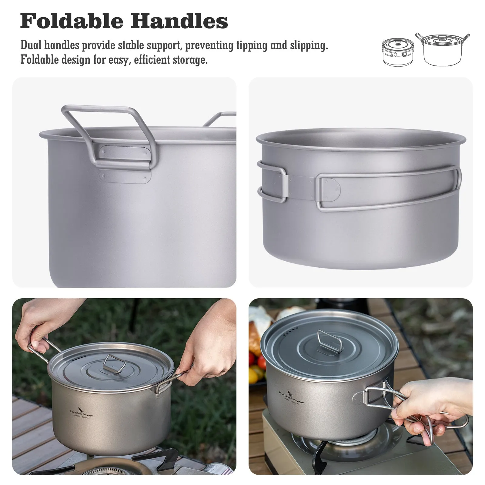 Boundless Voyage Titanium 3pcs Camping Cookware Mess Kit, Camping Cooking Set,Portable  Camp Pots Set 1.2L 1.8L 2.4L for Outdoor Camping, Picnic, Hiking, Backpacking