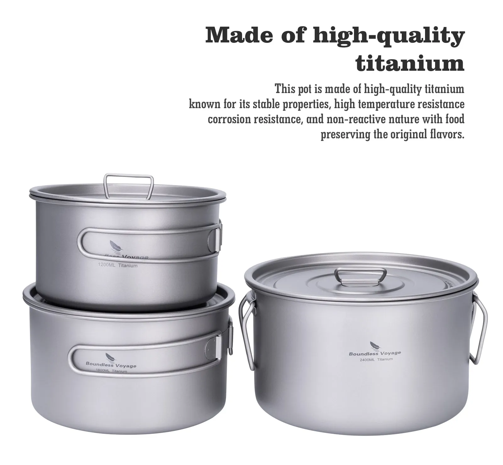 Boundless Voyage Titanium 3pcs Camping Cookware Mess Kit, Camping Cooking Set,Portable  Camp Pots Set 1.2L 1.8L 2.4L for Outdoor Camping, Picnic, Hiking, Backpacking