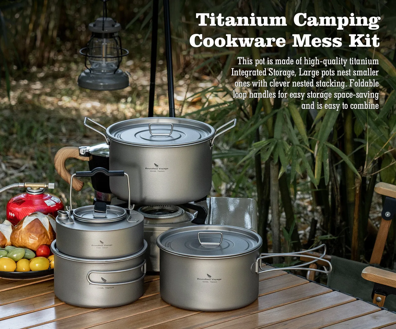 Boundless Voyage Titanium 3pcs Camping Cookware Mess Kit, Camping Cooking Set,Portable  Camp Pots Set 1.2L 1.8L 2.4L for Outdoor Camping, Picnic, Hiking, Backpacking