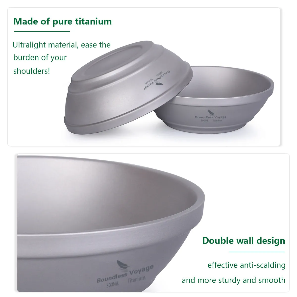 Boundless Voyage Titanium Double-Wall Bowl 300ml For  Outdoor Camping Home  Tableware Lightweight