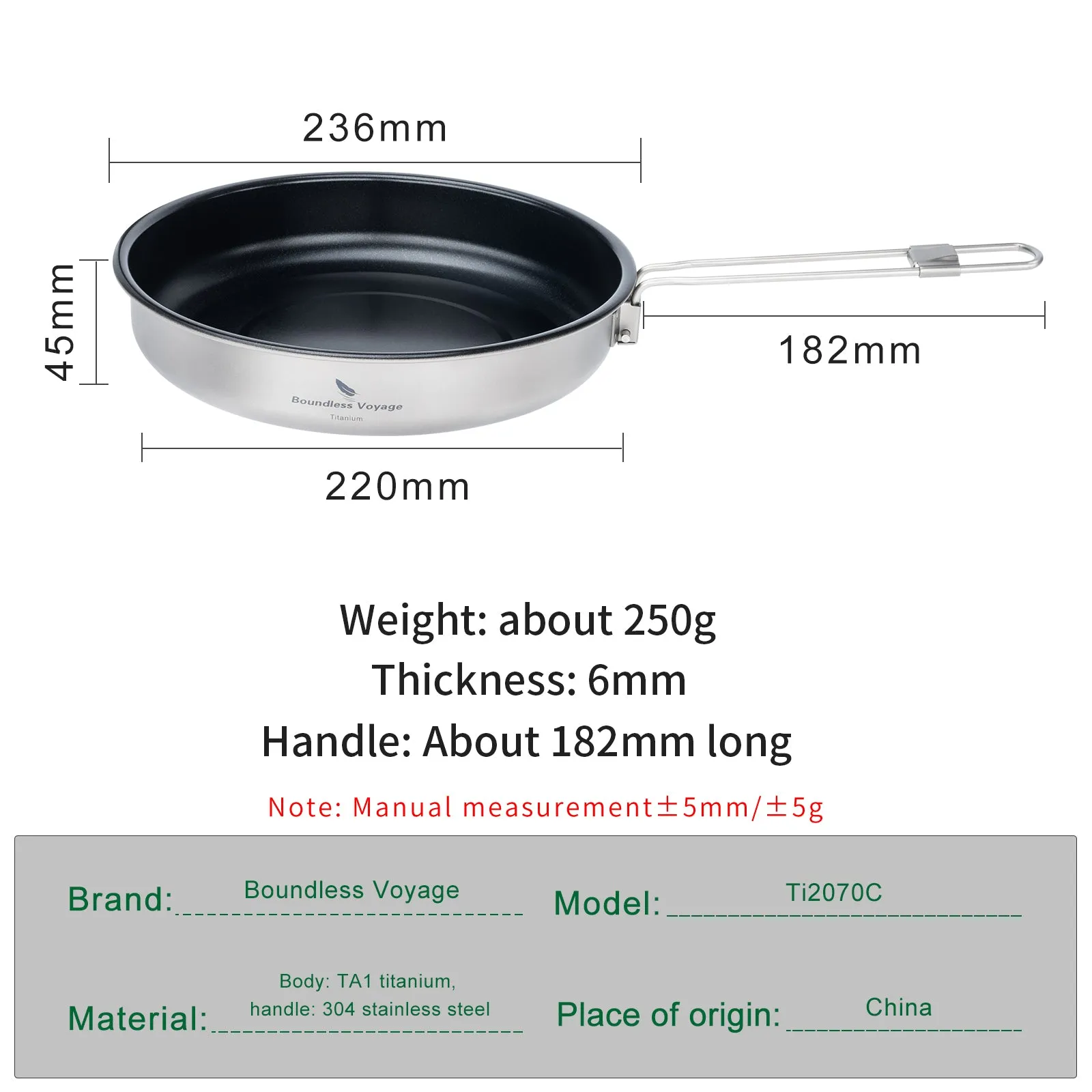 Boundless Voyage Titanium Non-stick Frying Pan 220mm Outdoor Camping Skillet with Folding Handle Lightweight Cookware