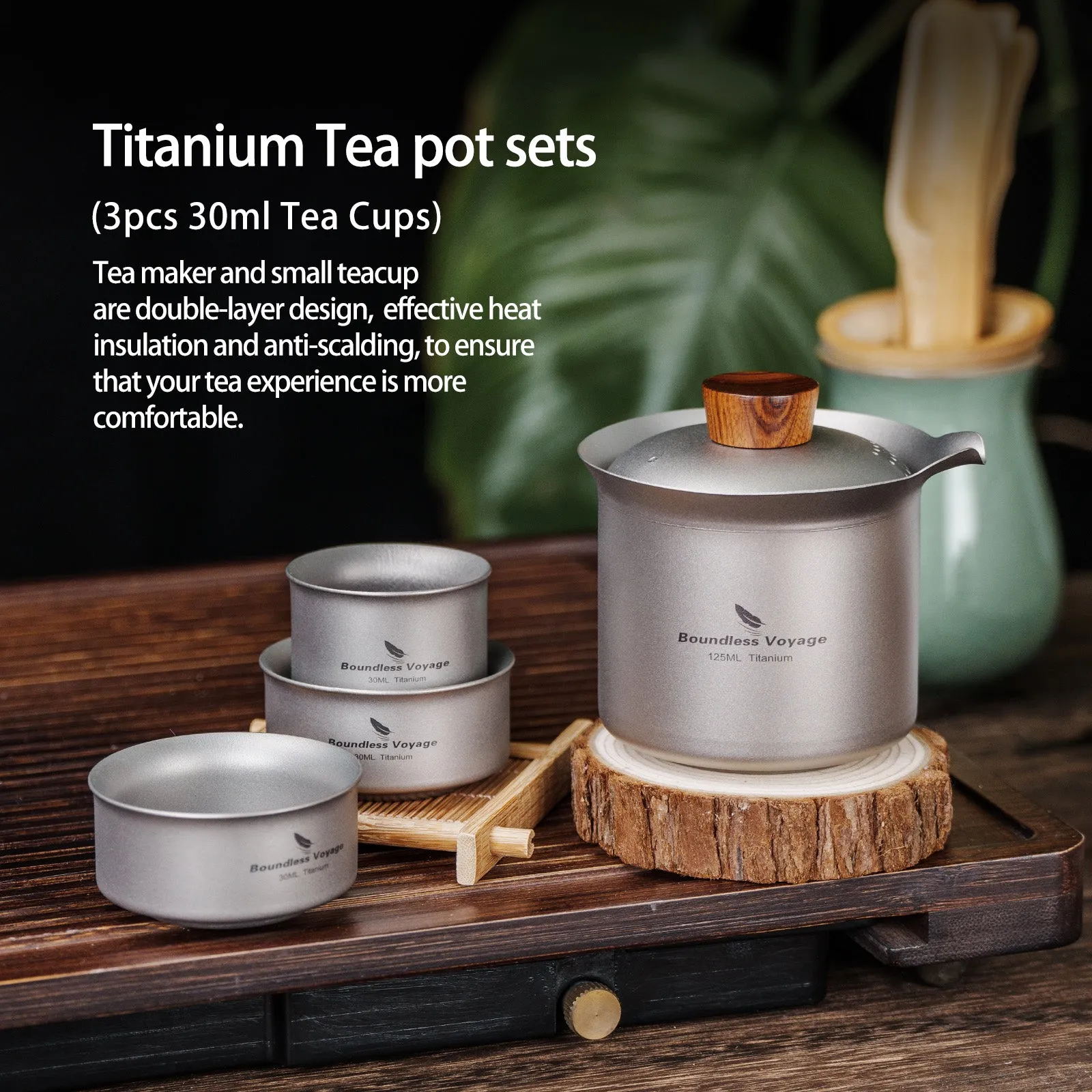 Boundless Voyage Titanium Titanium Double-Layer Tea Maker   3pcs 30ml Tea Cups Lightweight Outdoor Camping Portable Tea pot sets