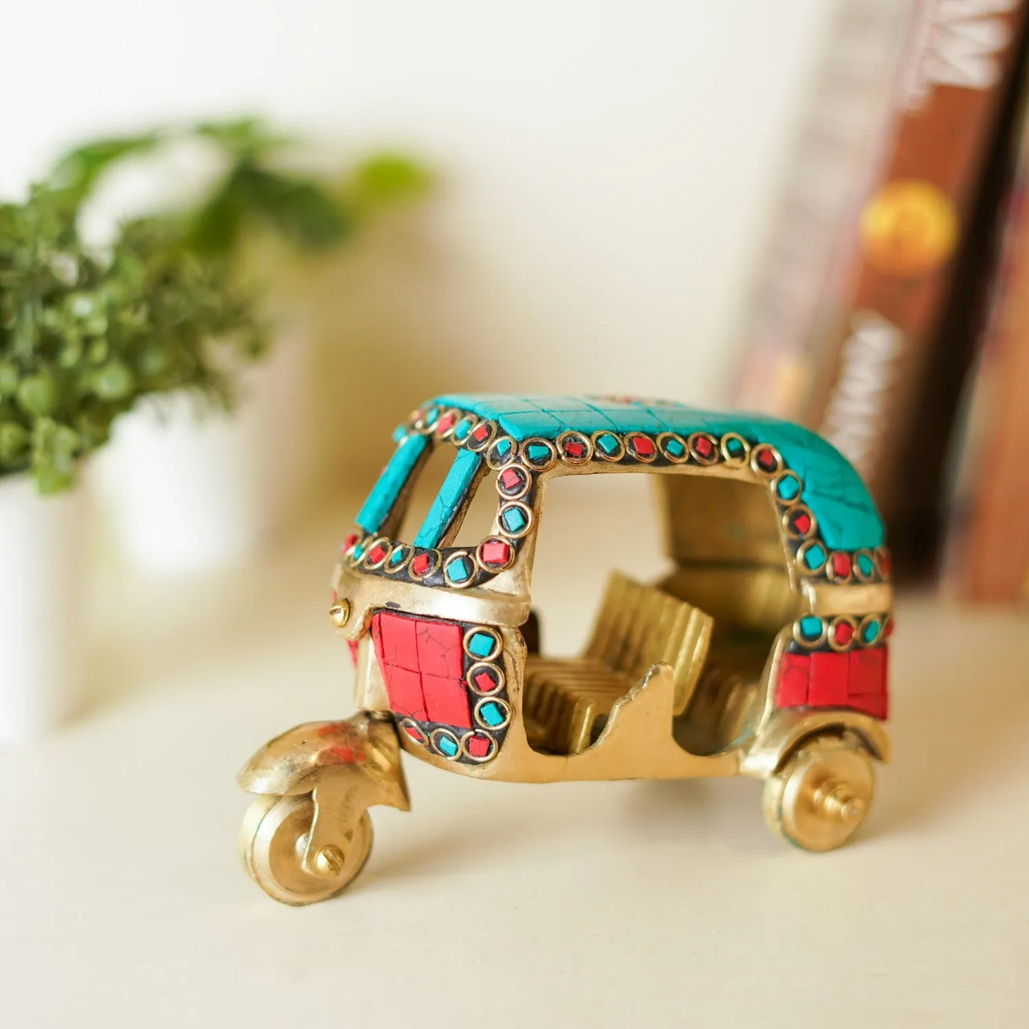 Brass Auto Rickshaw with Stonework 5 in