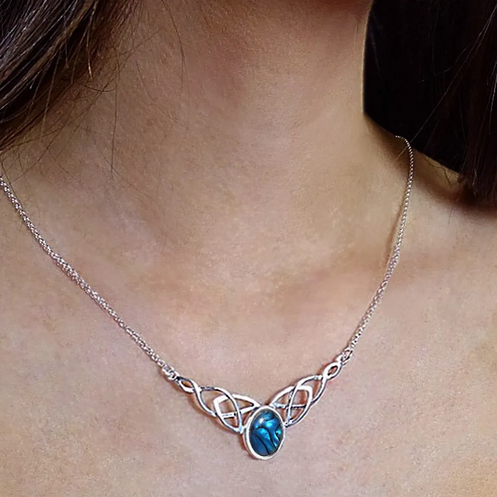 Celtic Necklace With Blue Paua Shell, Sterling Silver Celtic Knot Necklace