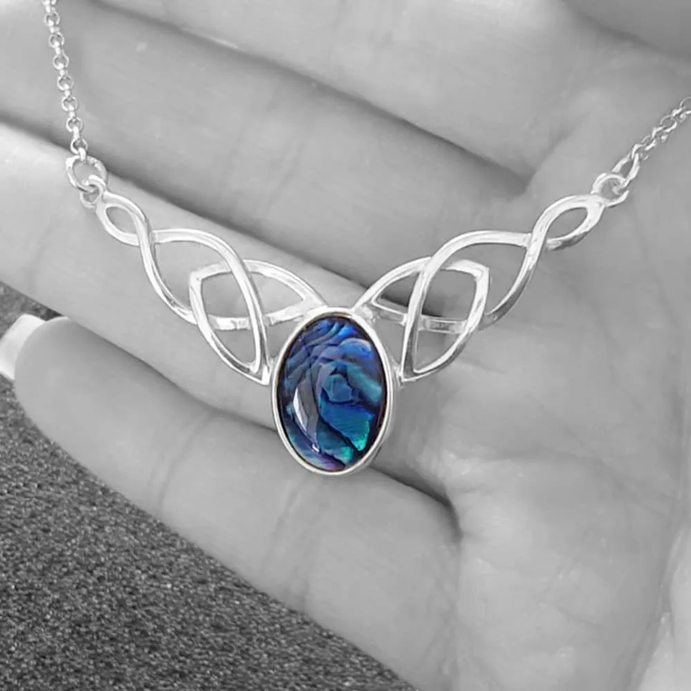 Celtic Necklace With Blue Paua Shell, Sterling Silver Celtic Knot Necklace