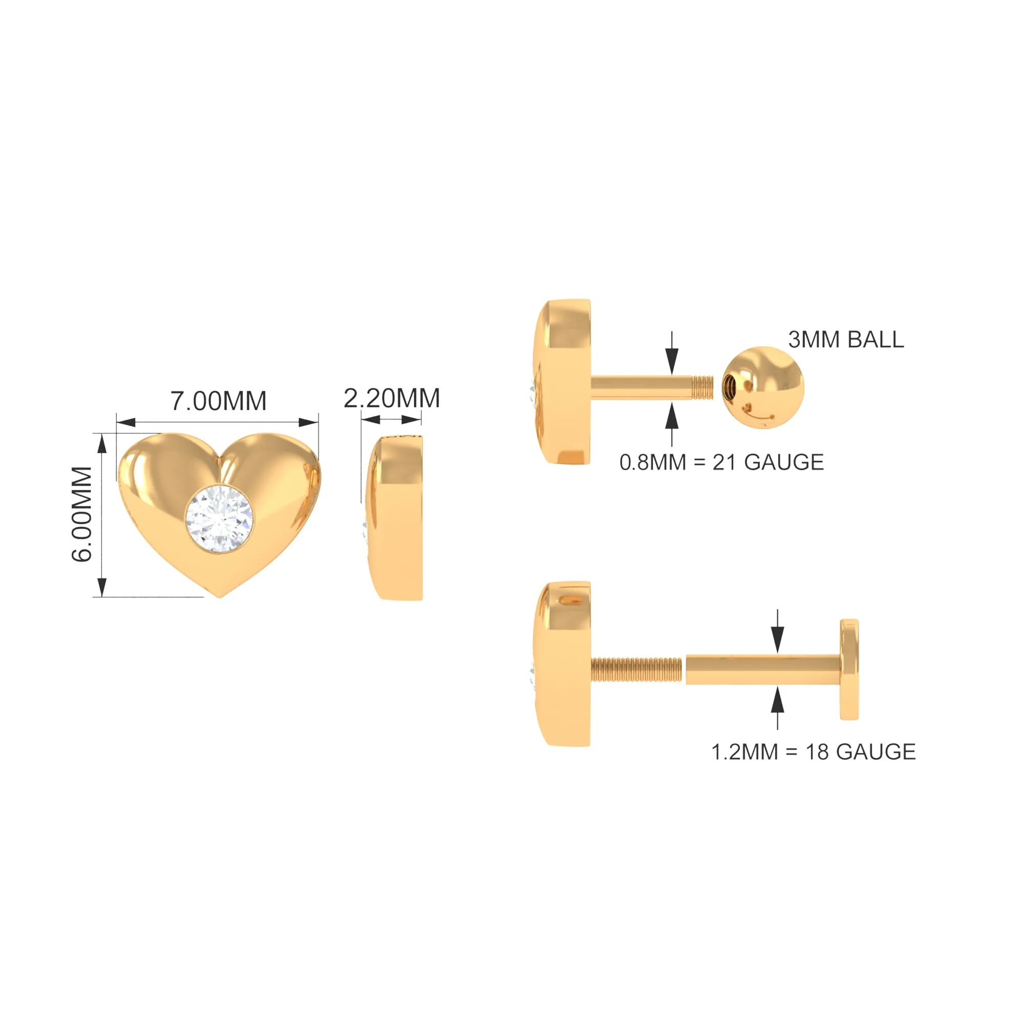 Certified Moissanite Heart Earring for Cartilage Piercing