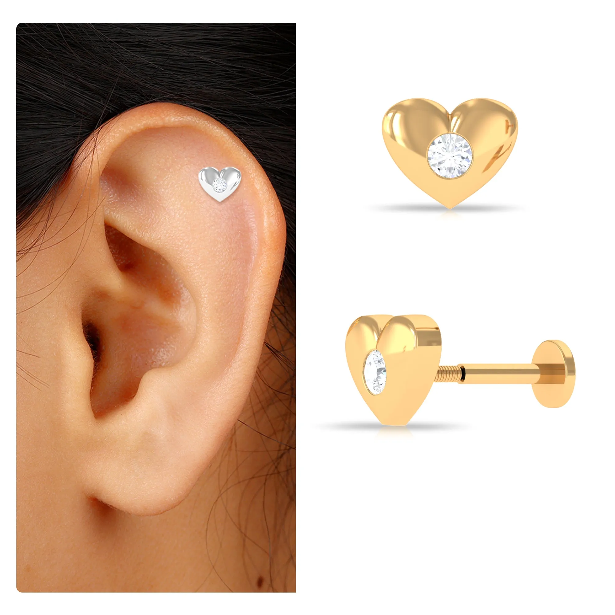 Certified Moissanite Heart Earring for Cartilage Piercing