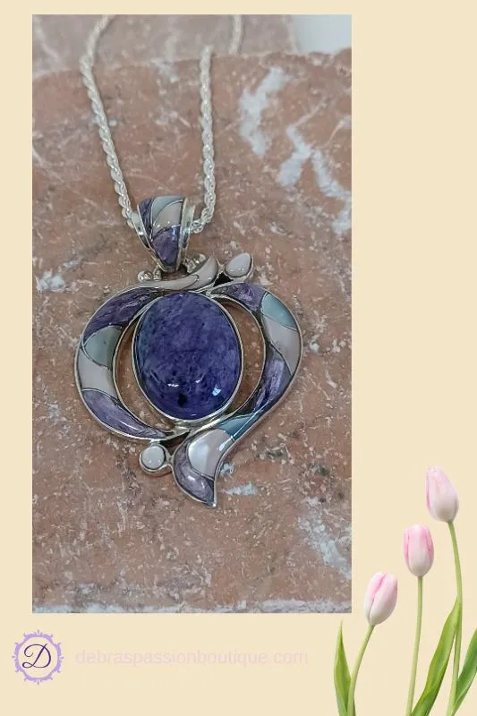 Charoite Gemstone Pink Shell Pendant Necklace