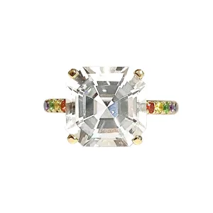 Cirque Asscher Solitaire Pavé Band Ring with White Topaz & Rainbow Pavé