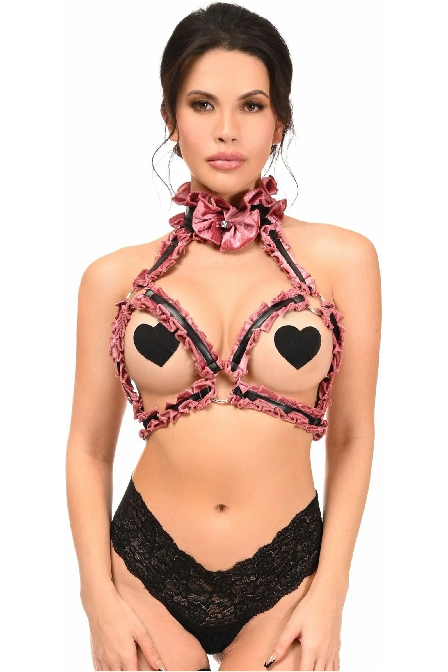 Daisy Corsets Kitten Collection Dusty Rose Velvet Triangle Top Body Harness