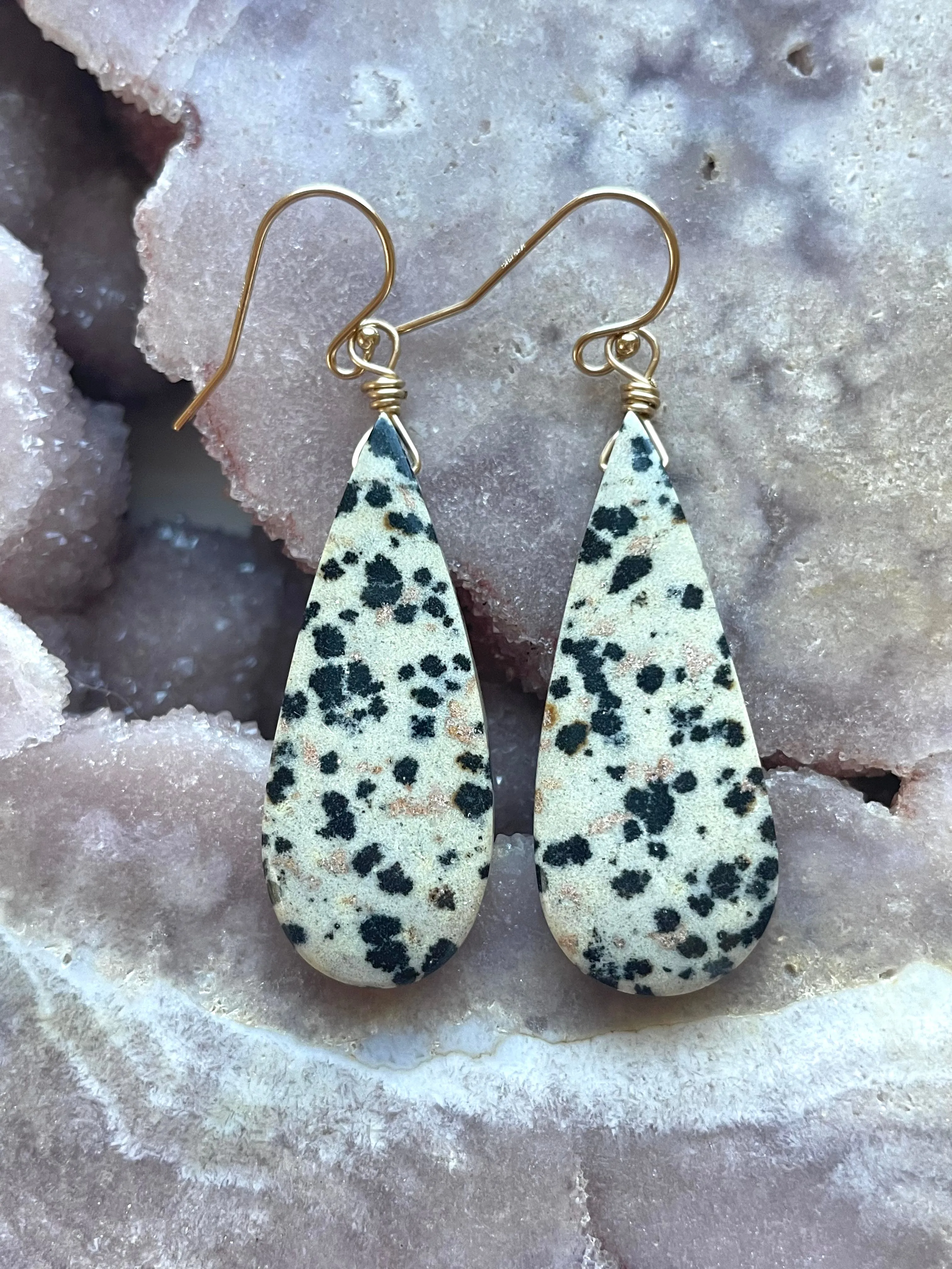 Dalmatian Jasper Dangle Earrings Gold Filled