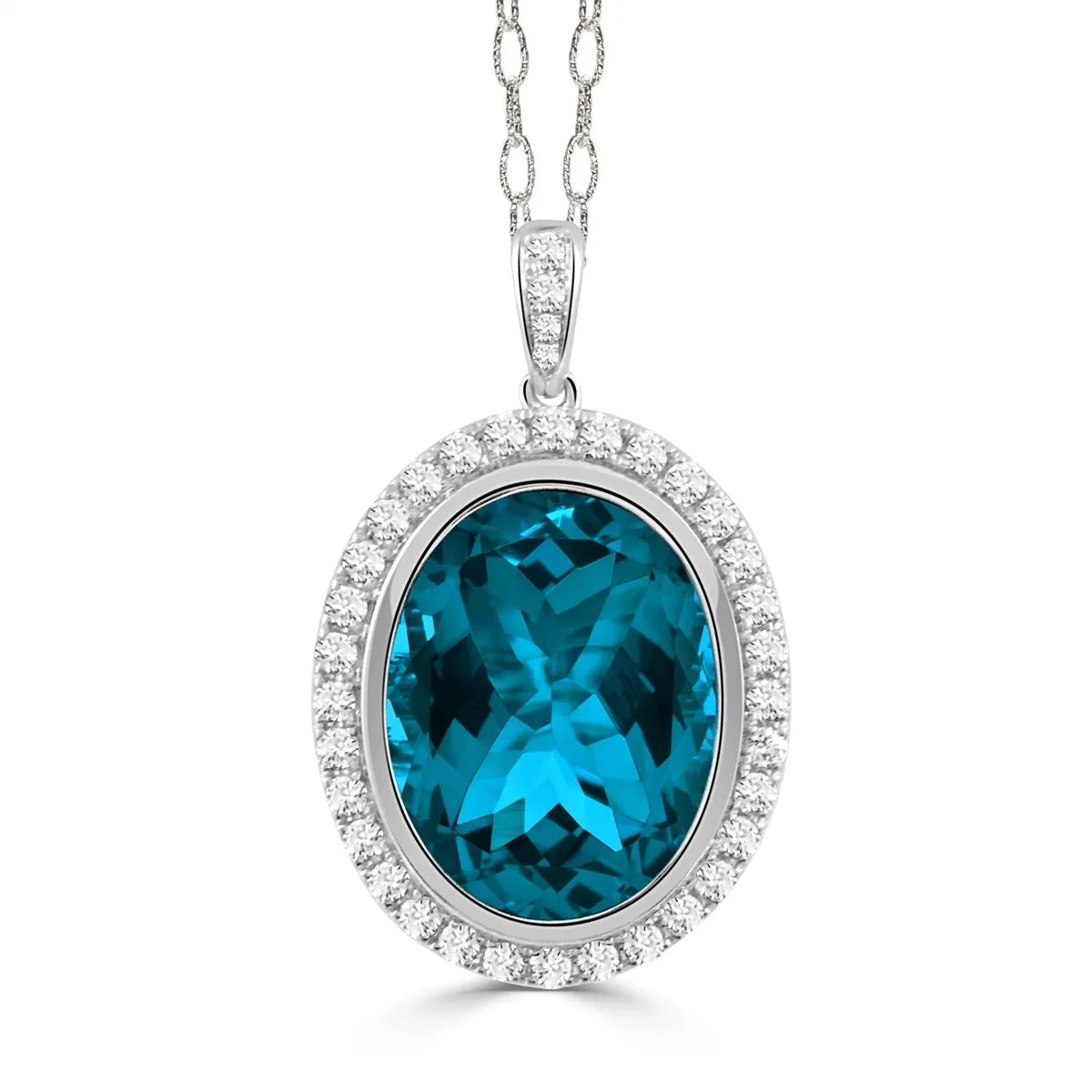 Doves 18K White Gold Bezel Set Oval London Blue Topaz with Diamond Halo Pendant