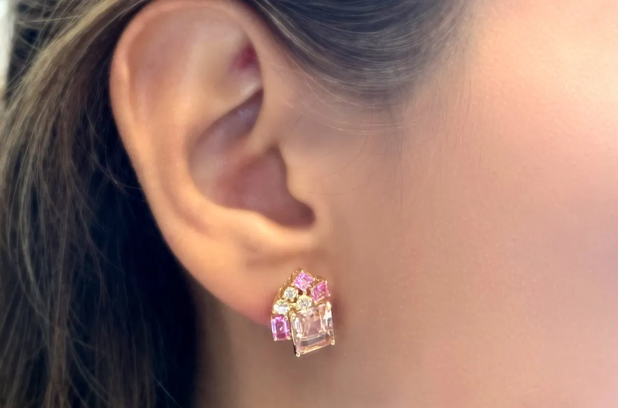 Earrings 18kt Emerald Cut Pink Sapphires & Diamonds