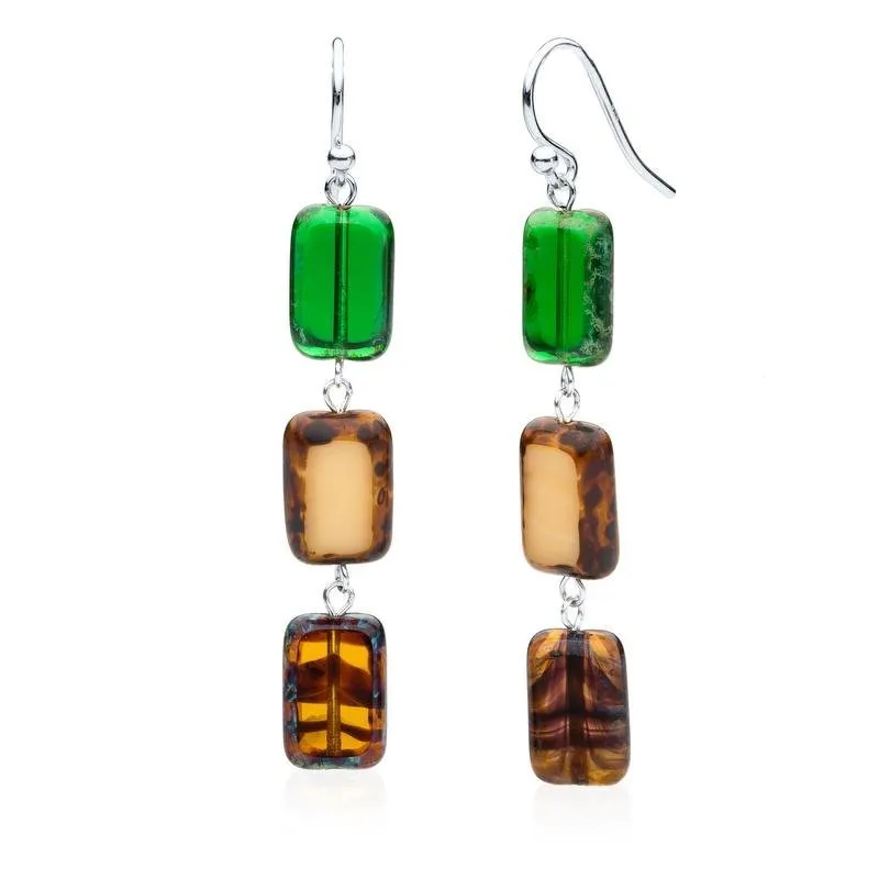 Emerald Forest Mix Glass Rectangle Beaded Drop Earrings