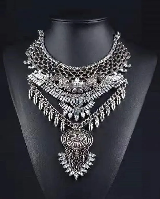 Exotic Tribal Boho Festival Silver Color Rhinestone Collar Necklace