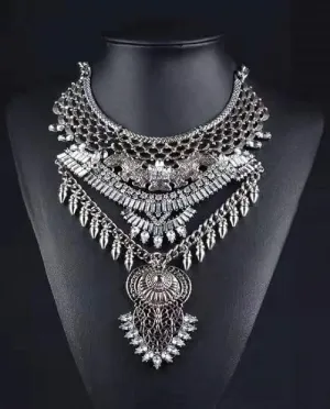 Exotic Tribal Boho Festival Silver Color Rhinestone Collar Necklace