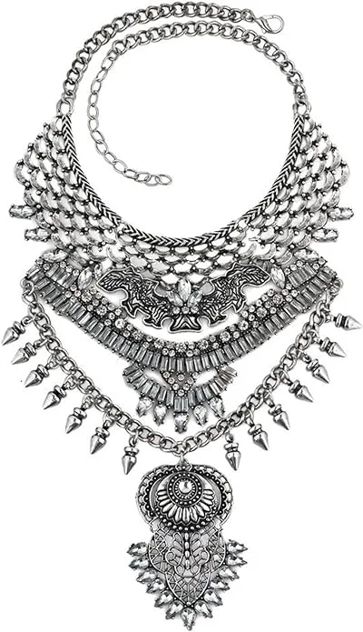 Exotic Tribal Boho Festival Silver Color Rhinestone Collar Necklace