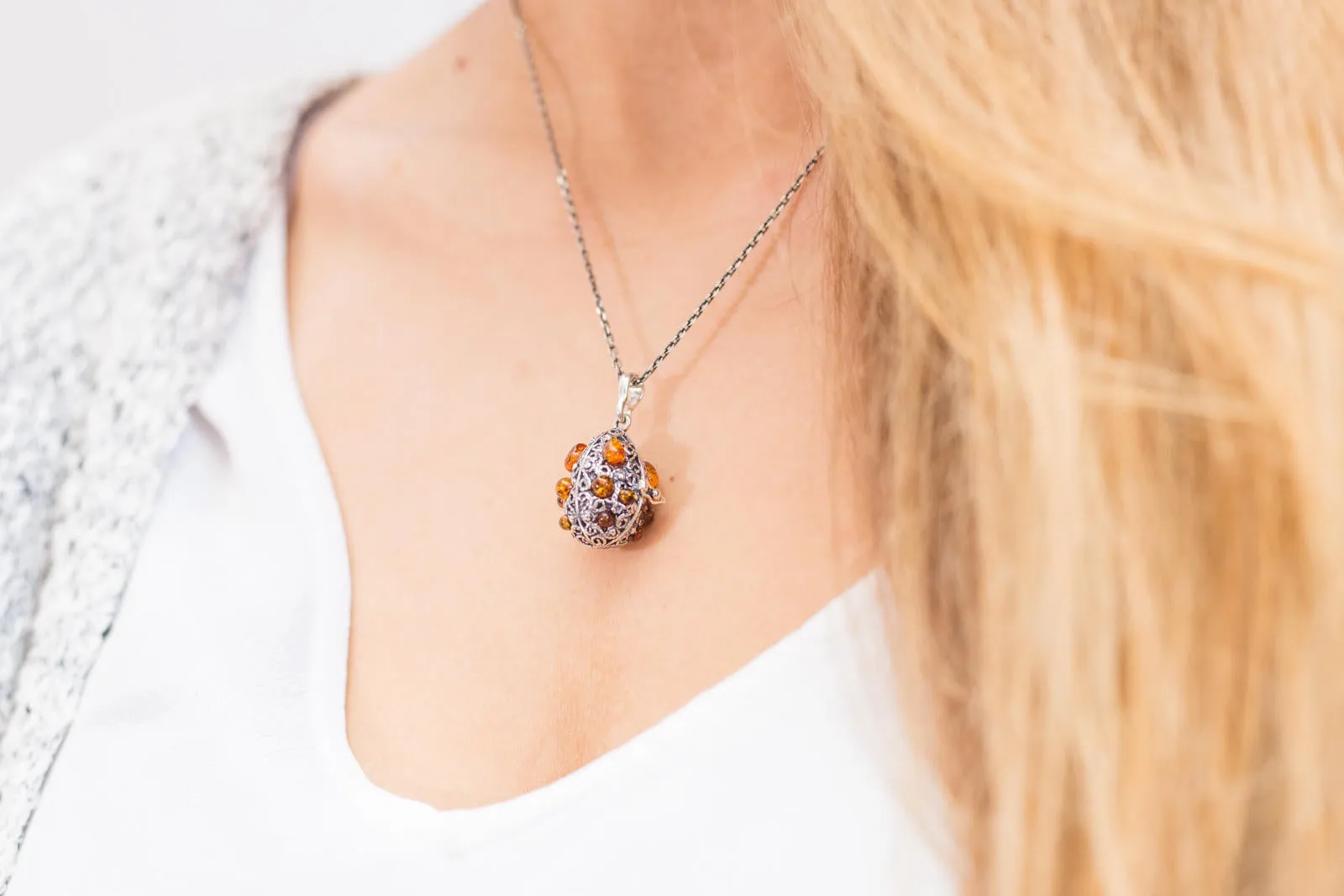 Fabergé Inspired Amber Egg Locket Necklace - Sterling Silver & Baltic Amber Keepsake Jewelry