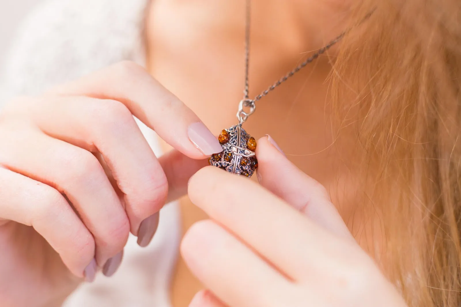 Fabergé Inspired Amber Egg Locket Necklace - Sterling Silver & Baltic Amber Keepsake Jewelry