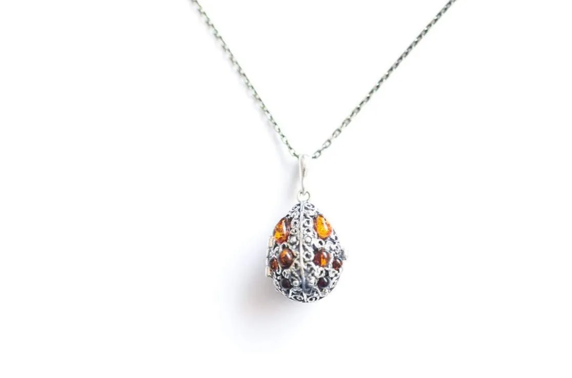 Fabergé Inspired Amber Egg Locket Necklace - Sterling Silver & Baltic Amber Keepsake Jewelry