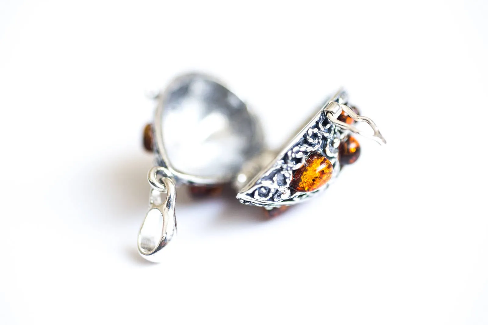 Fabergé Inspired Amber Egg Locket Necklace - Sterling Silver & Baltic Amber Keepsake Jewelry