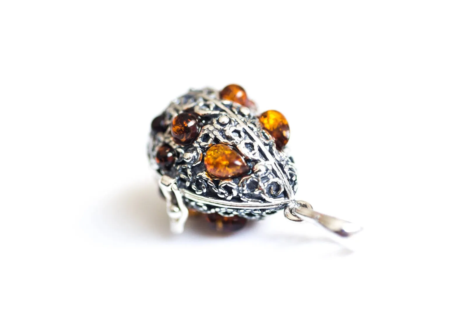 Fabergé Inspired Amber Egg Locket Necklace - Sterling Silver & Baltic Amber Keepsake Jewelry