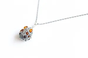 Fabergé Inspired Amber Egg Locket Necklace - Sterling Silver & Baltic Amber Keepsake Jewelry