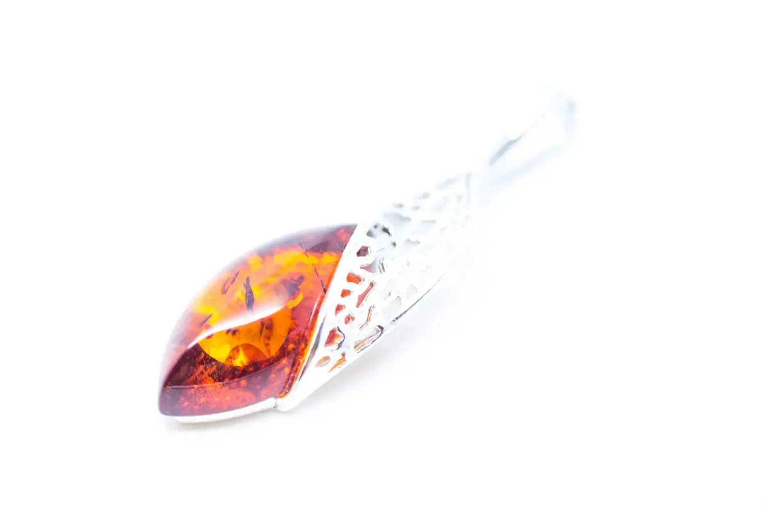 Fancy Top Amber & Silver Pendant | Modern Pendant Necklace