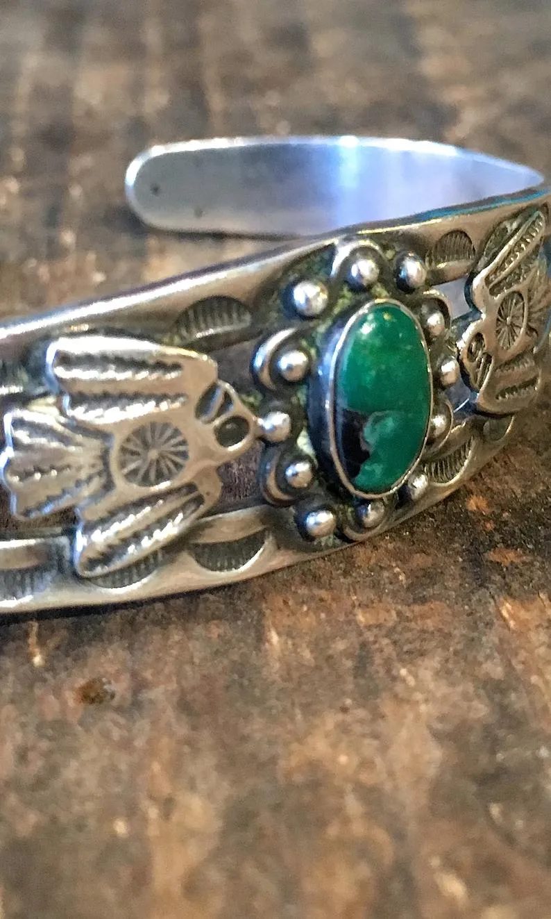 FRED HARVEY ERA 1940s Native American Silver & Turquoise Thunderbird Bracelet