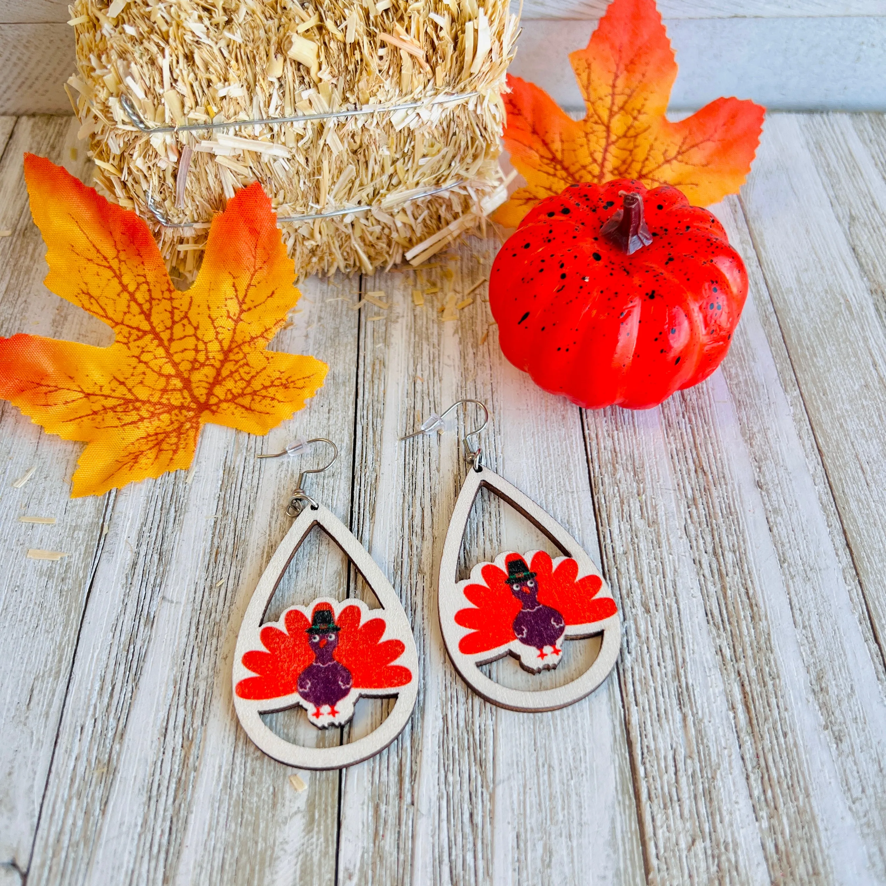 Gobble Glam Fall Turkey Wooden Drop Ear Bling