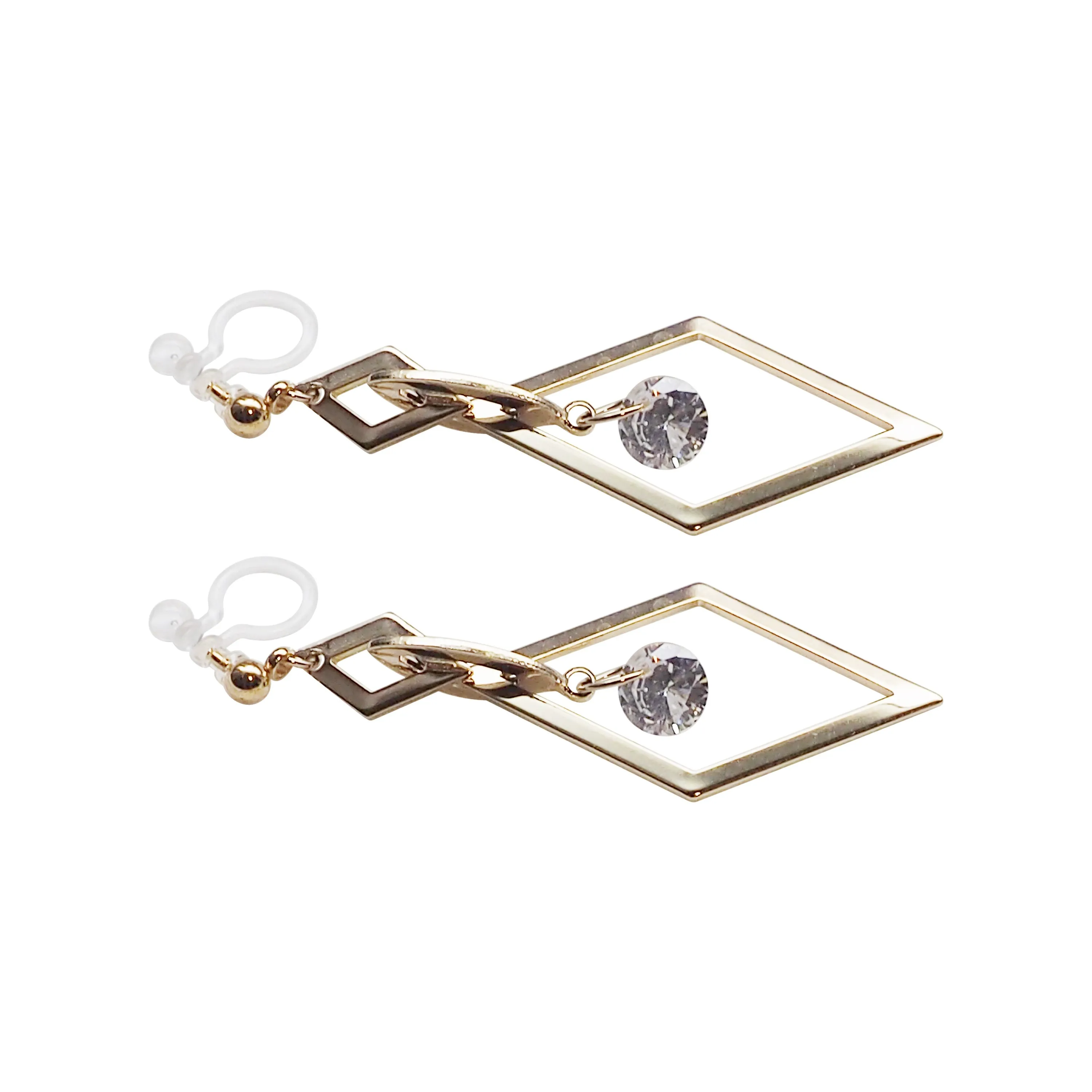 Gold diamond shape hoop cubic zirconia crystal dangle invisible clip on earrings