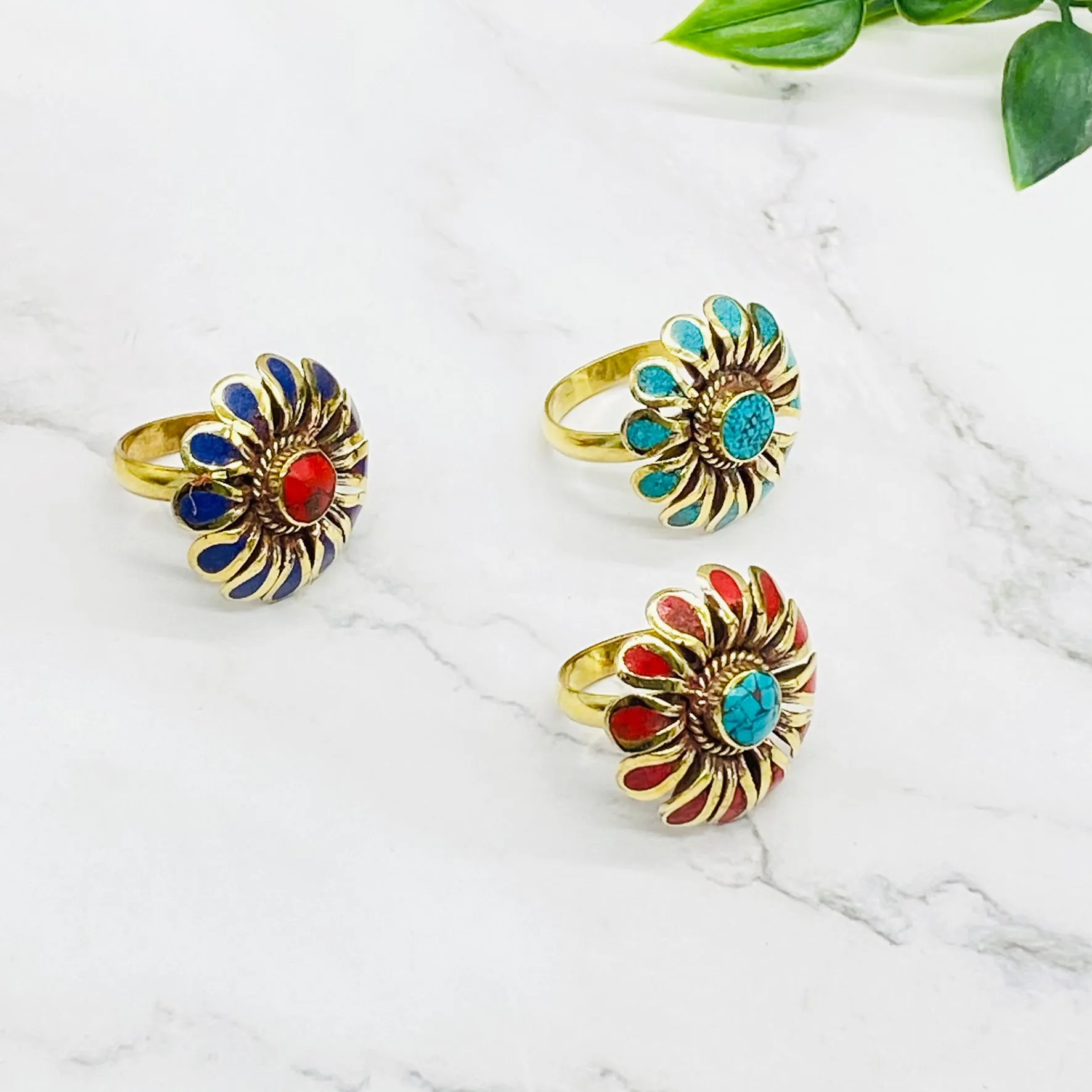 Gold Filled Handmade Rings, Bohemian Jewelry, Flower Design Rings, Gift For Mom, Statement Ring, Bohemian Style, Turquoise/Coral/Lapislazuli