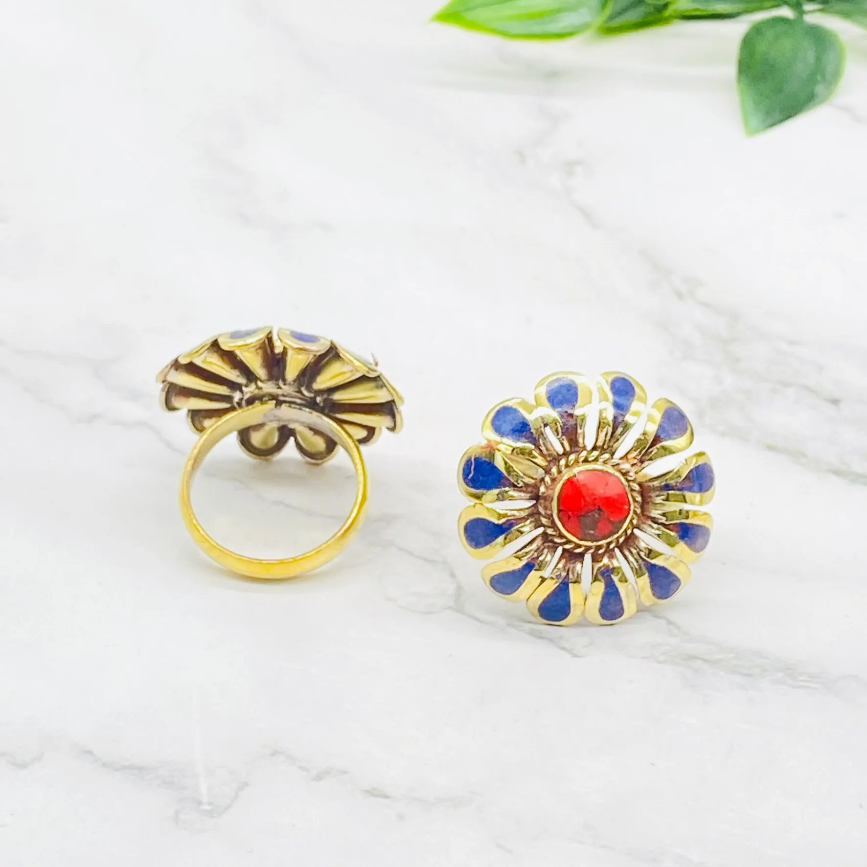 Gold Filled Handmade Rings, Bohemian Jewelry, Flower Design Rings, Gift For Mom, Statement Ring, Bohemian Style, Turquoise/Coral/Lapislazuli